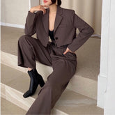 Office Lady Blazer Suits Vintage Two Piece Set Women Long Sleeve Short Blazer + High Waist Wide Leg Long Pants 2 Piece Outfits